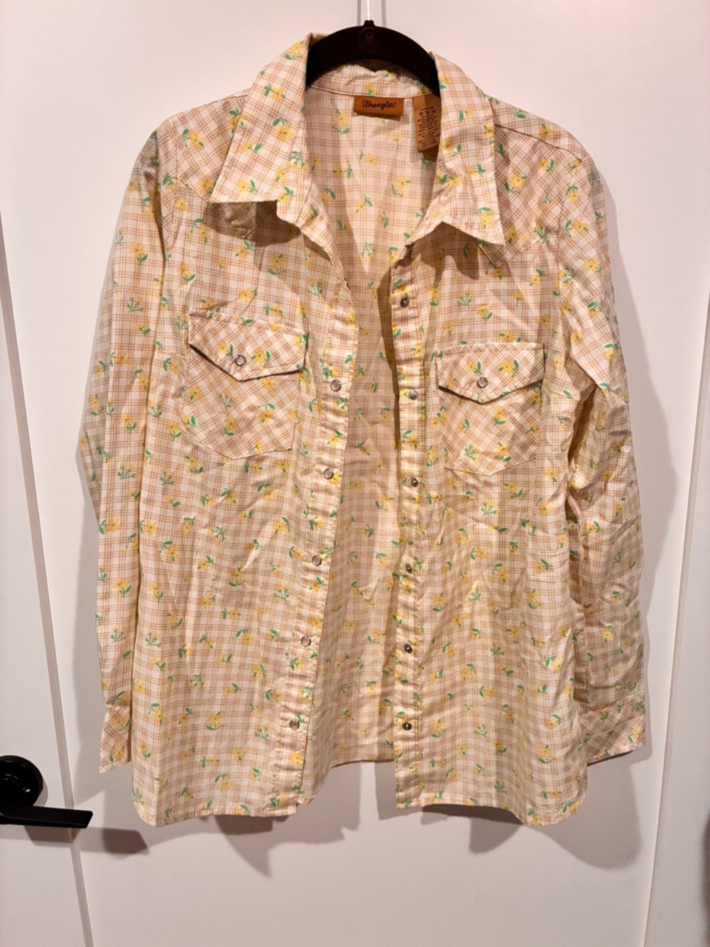 Wrangler Yellow Plaid Shirt with Small Floral Print pearl snap button